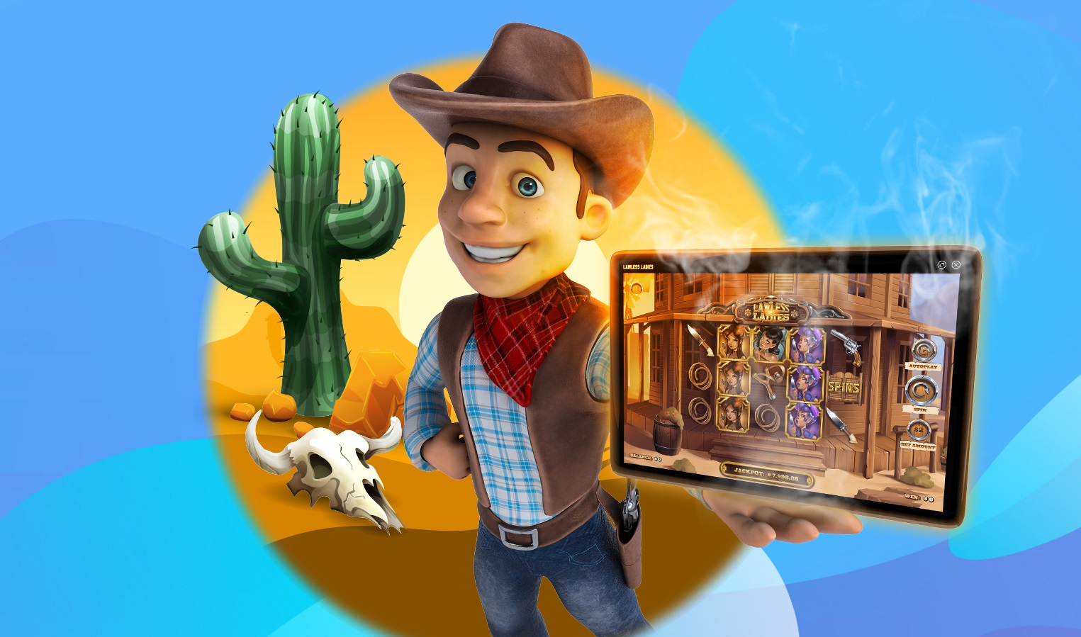 A 3D-animated cowboy stands in front of a desert landscape, holding an iPad showing a screenshot from a SlotsLV slots game. To the left is the phrase ‘This week’s Hot Slot’, in solid, white capital letters, while behind are multiple shades of blue, making up this abstract background.