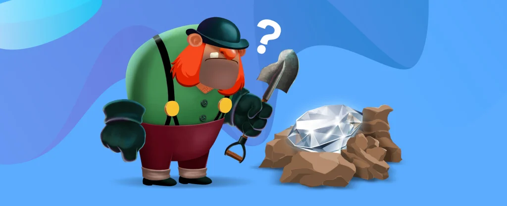 A large cartoon miner character looms over a pile of rocks with a huge diamond sitting on top, set against a blue background.