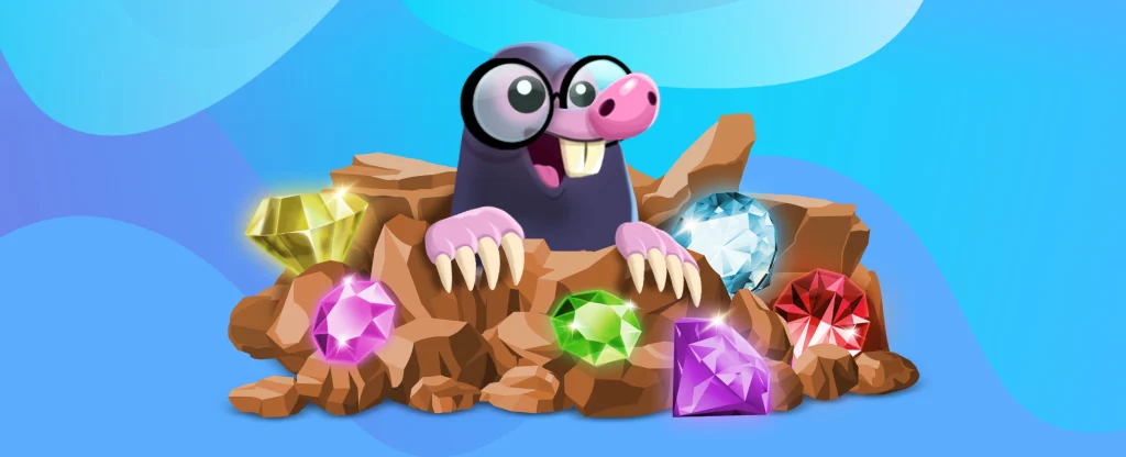 A cartoon otter crawls out from amongst a pile of rocks to find several diamonds in various colors, set against a blue-patterned background.