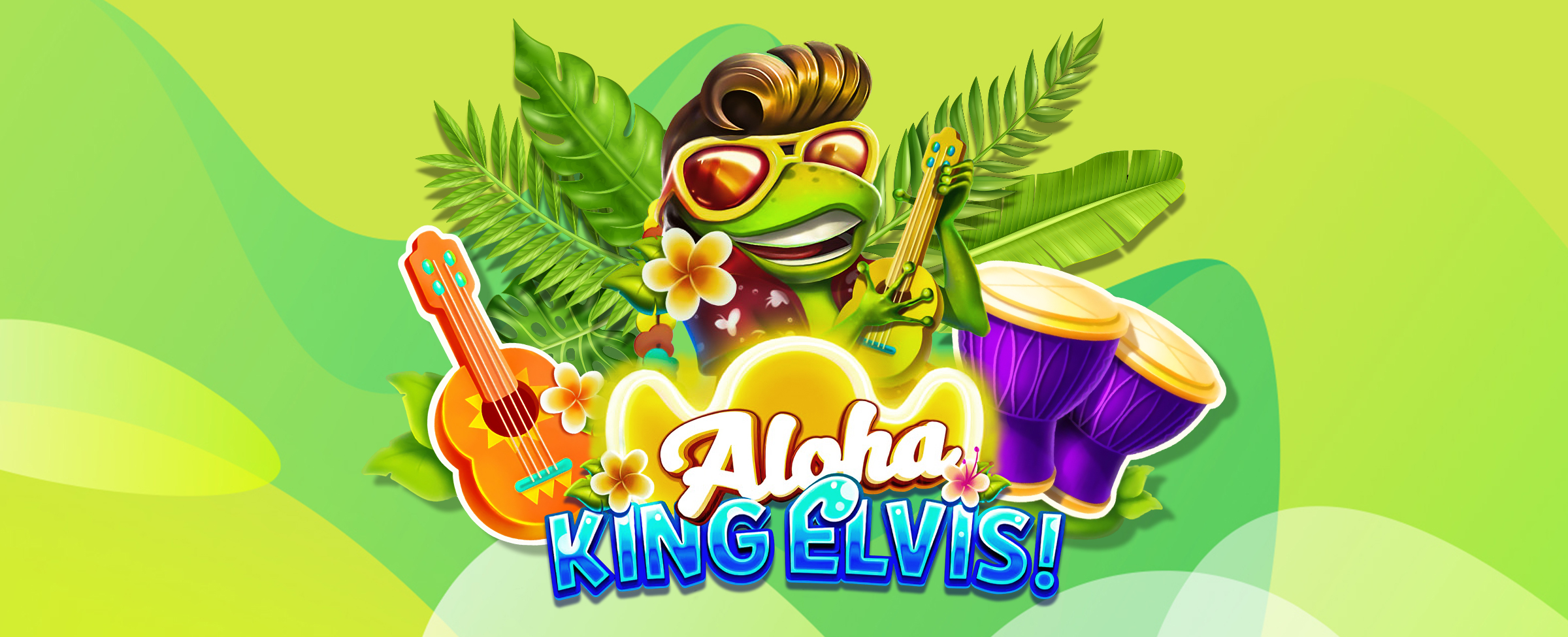 Standing in front of a palm tree is a cartoon frog dressed as an Elvis impersonator. In front are the words ‘Aloha King Elvis!’ - the logo from the SlotsLV slots game of the same name.