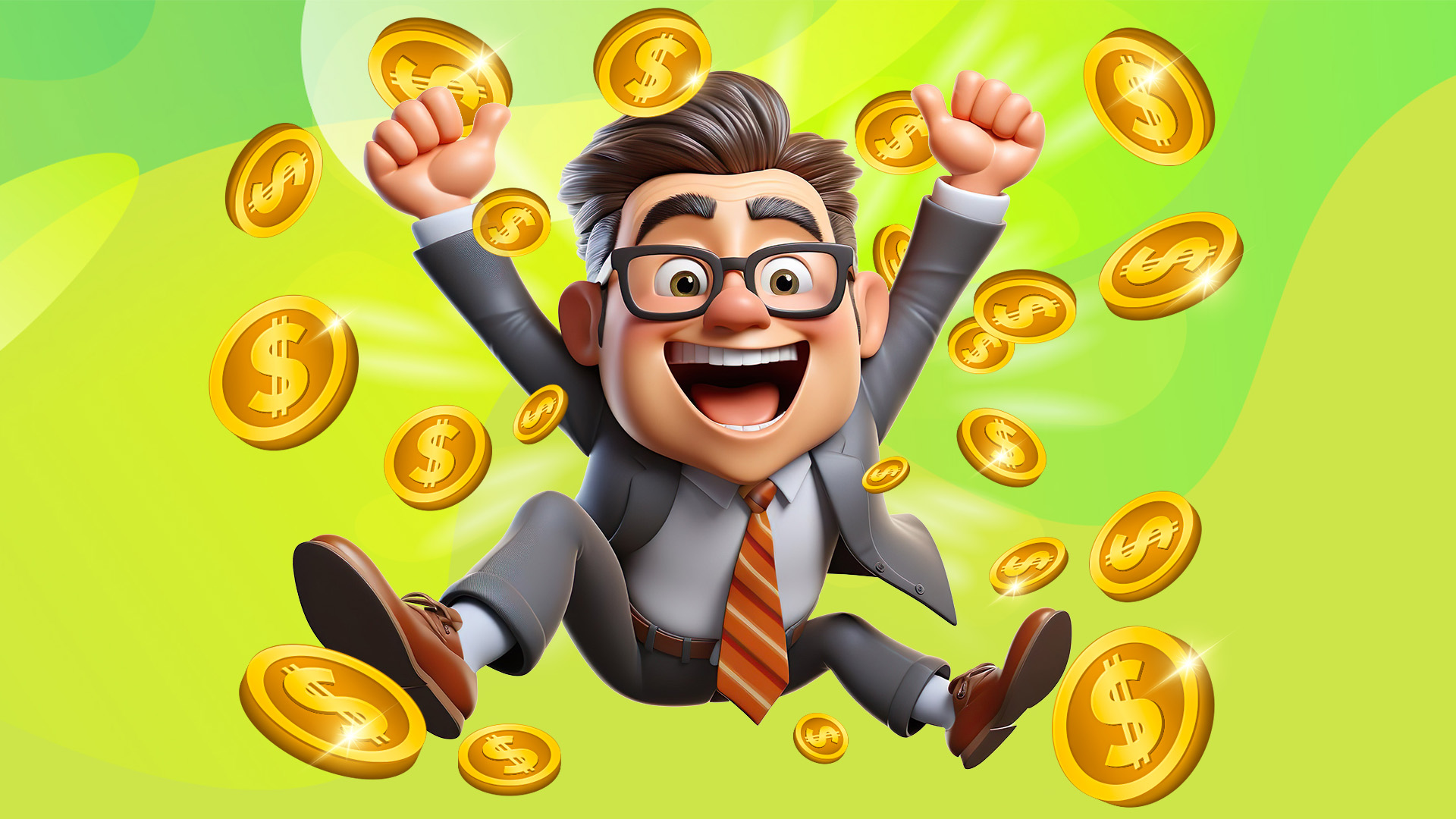 A cartoon man in suit and glasses, representing our big slots winners, jumps in the air, surrounded by gold coins, set against a lime green background.