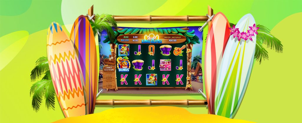 The gameplay from the SlotsLV slots game ‘Aloha King Elvis’, flanked by two pair of surfboards in retro colors, with palm fronds peering above. The game screen depicts reels made up of three rows of five symbols, featuring various elements including ukuleles, bongo drums, letters, and various surf-themed icons. Behind, is a multi-patterned green abstract background.
