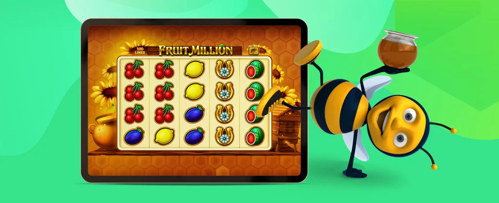 An illustrated bee does a handstand next to an iPad showing the game screen from the SlotsLV Fruit Million game, set against a green background.
