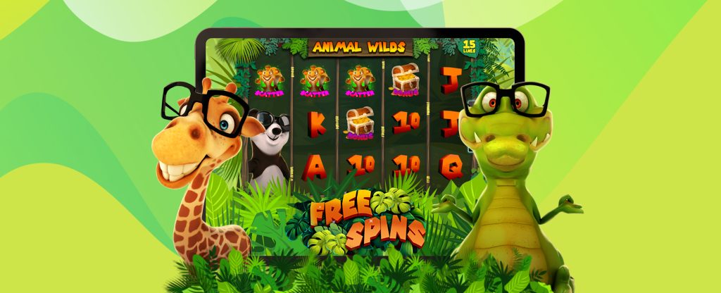 Standing amongst 3D-animated palm trees on a green background are two cartoon characters - a giraffe and a crocodile, both wearing oversized thick-rimmed glasses. Between them, in the middle, is a screenshot from the SlotsLV slots game ‘Animal Wilds’, featuring three rows of five symbols, made up of letters, treasure chests and more.