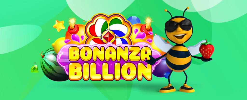 A bee holding a strawberry stands next to the SlotsLV slots game logo from Bonanza Billion, set against a lime green background.