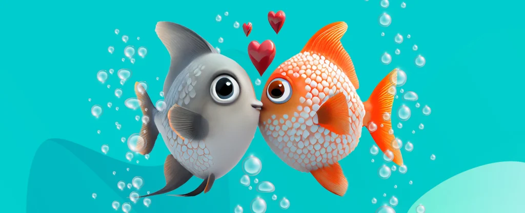 Two Pixar-like goldfish are kissing surrounded by air bubbles inside an aqua-colored aquarium.