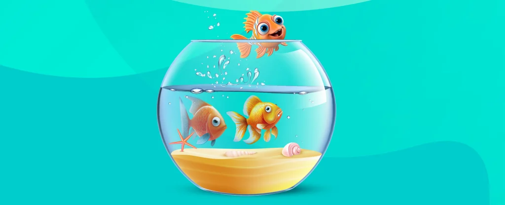 Three cartoon goldfish swim inside a round fish tank with sand at the bottom, set against a teal background.