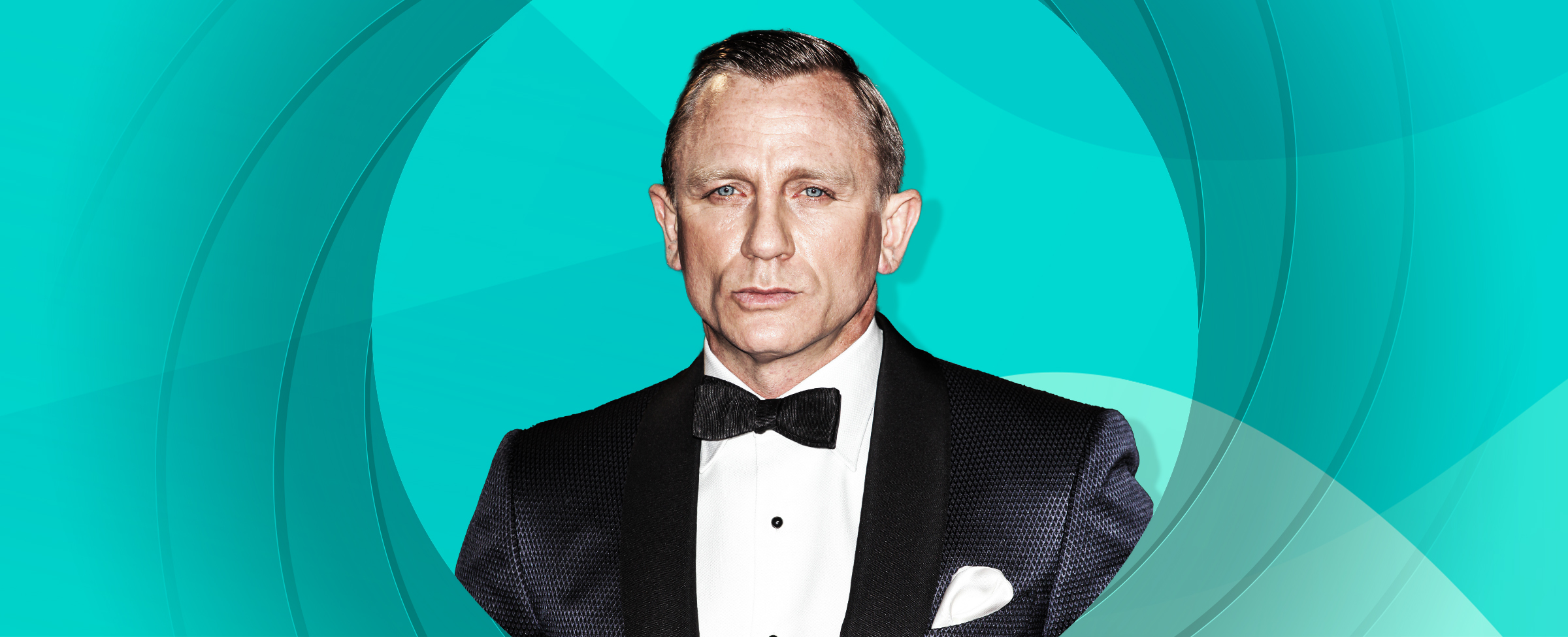 Daniel Craig, wearing a suit and bow tie takes center image, set against a teal blue background.