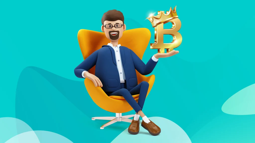 A cartoon man sits on a retro yellow chair holding up a gold letter B with a crown for Bitcoin, set against a teal abstract background.