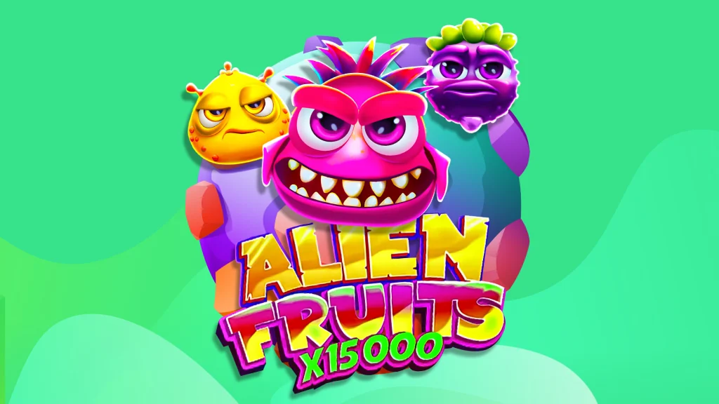 The logo from the SlotsLV slots game ‘Alien Fruits’ sits in front of a green background.