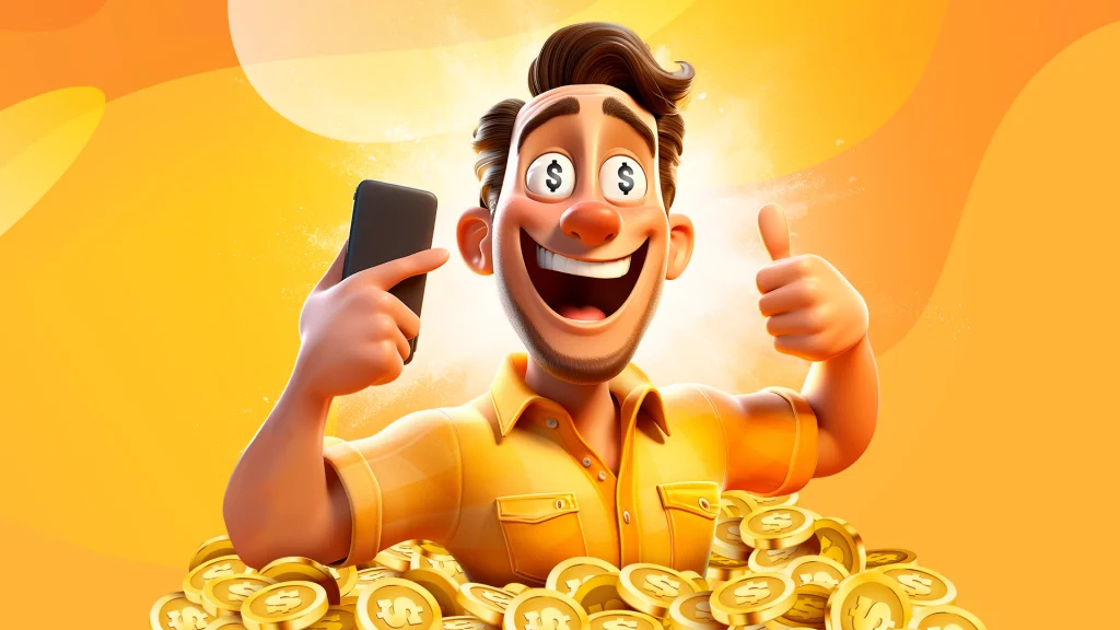 A cartoon man with dollar signs in his eyes stands in a pile of gold coins, set against a yellow background.