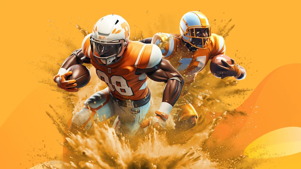 Two animated NFL quarterbacks run and kick up dust, set against a yellow background.