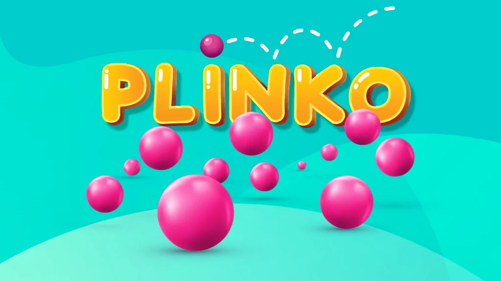 Round, pink balls bounce around the word ‘Plinko’ from the SlotsLV specialty game, set against a teal blue background.