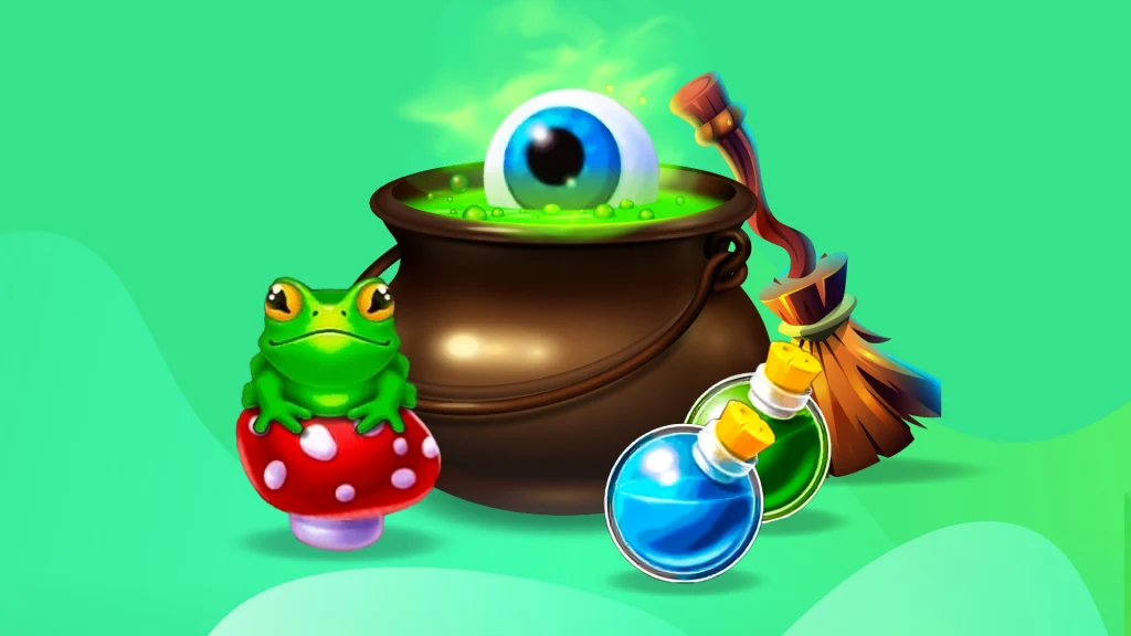An illustrated cauldron bubbling with a giant eyeball, with a frog sitting on a mushroom set against a green background.