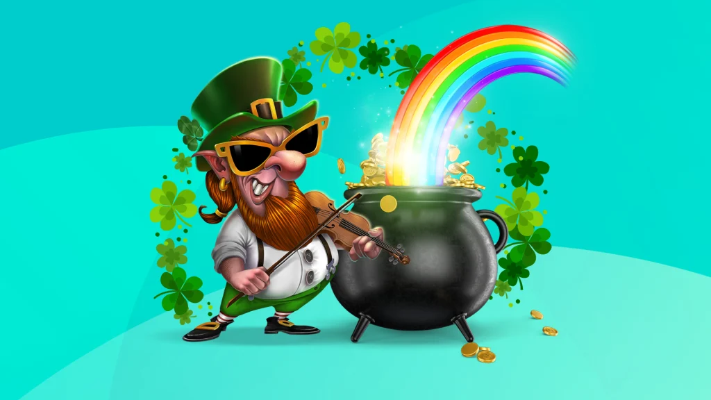 A leprechaun from the SlotsLV slots game Larry’s Lucky Tavern, stands next to a pot of gold with a rainbow sprouting out, set against a teal background.