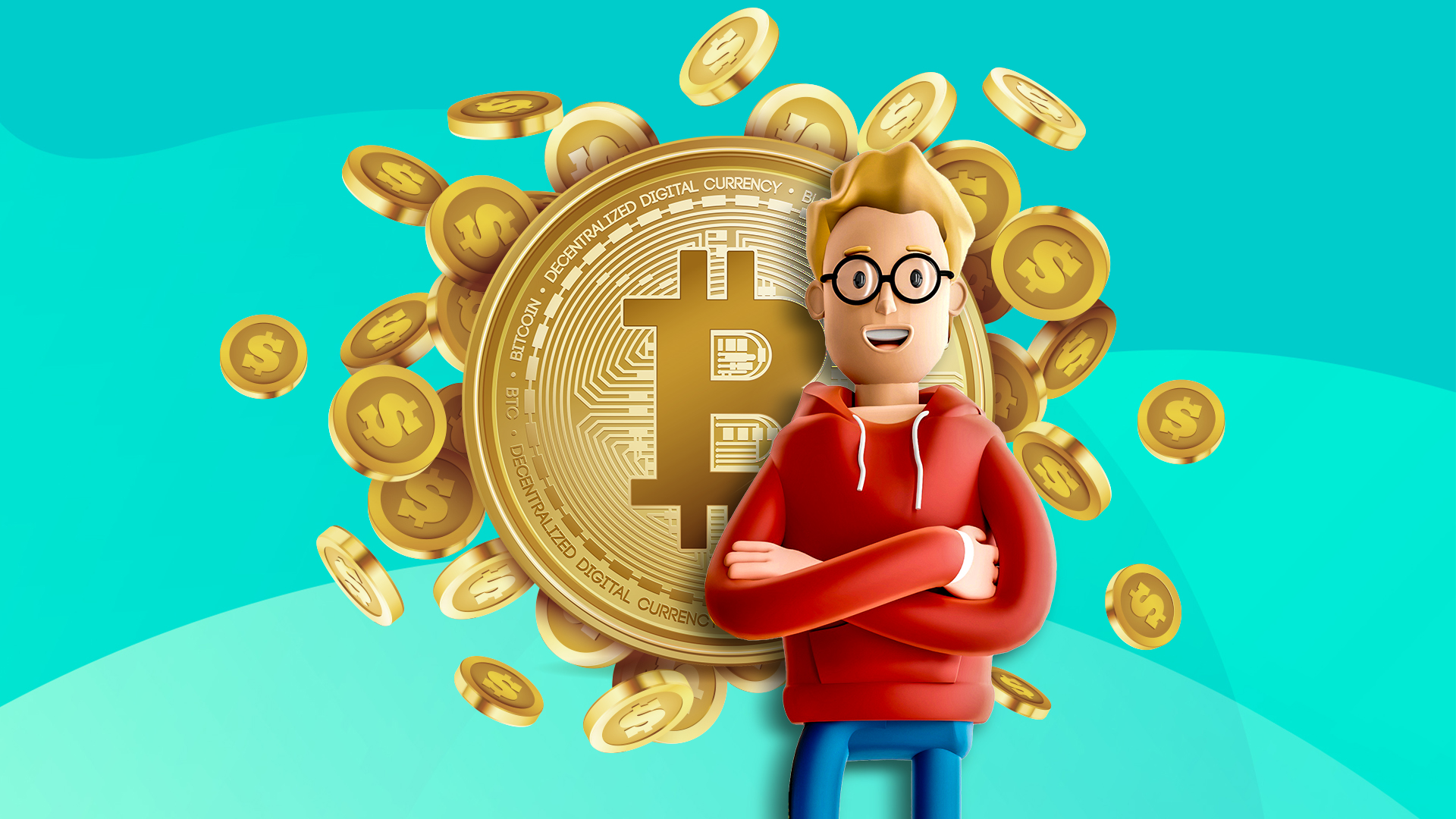A cartoon man stands next to a giant Bitcoin coin, set against a teal background.