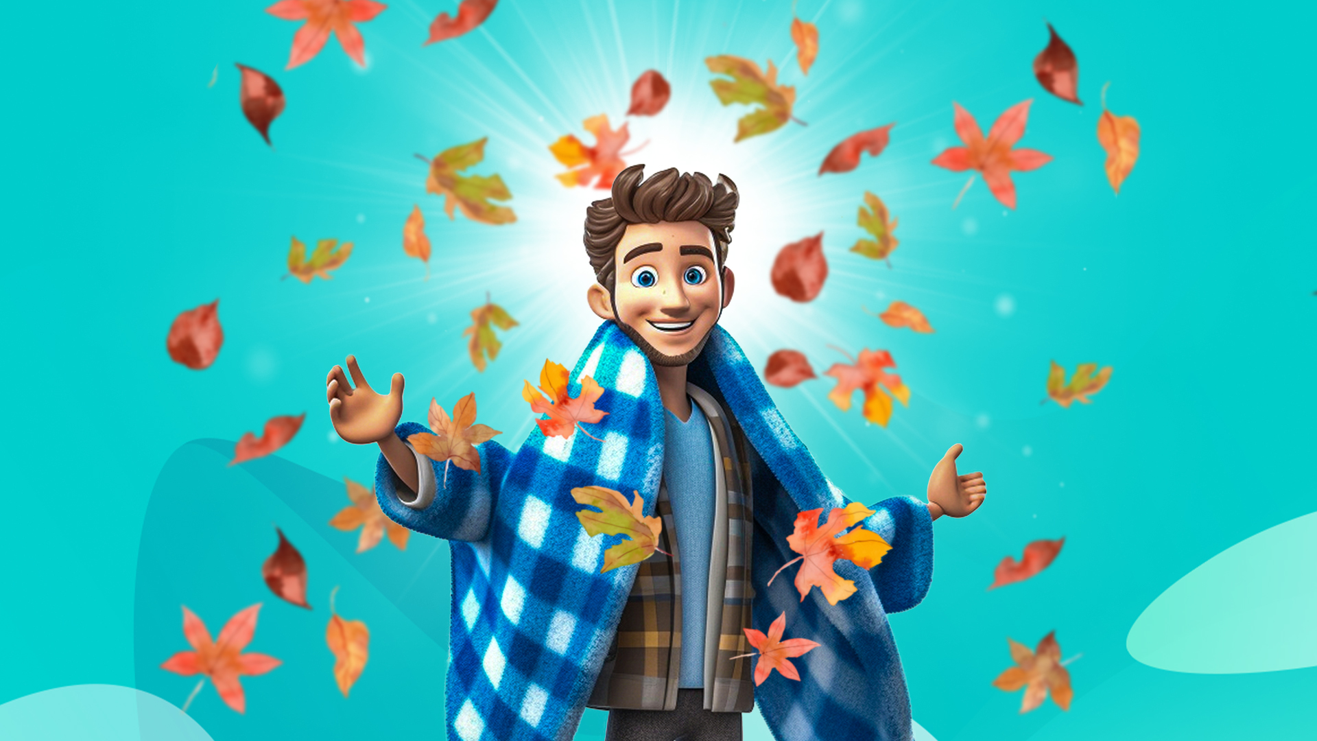 Cartoon man standing with a blue blanket surrounded by fall leaves, set against a teal background.