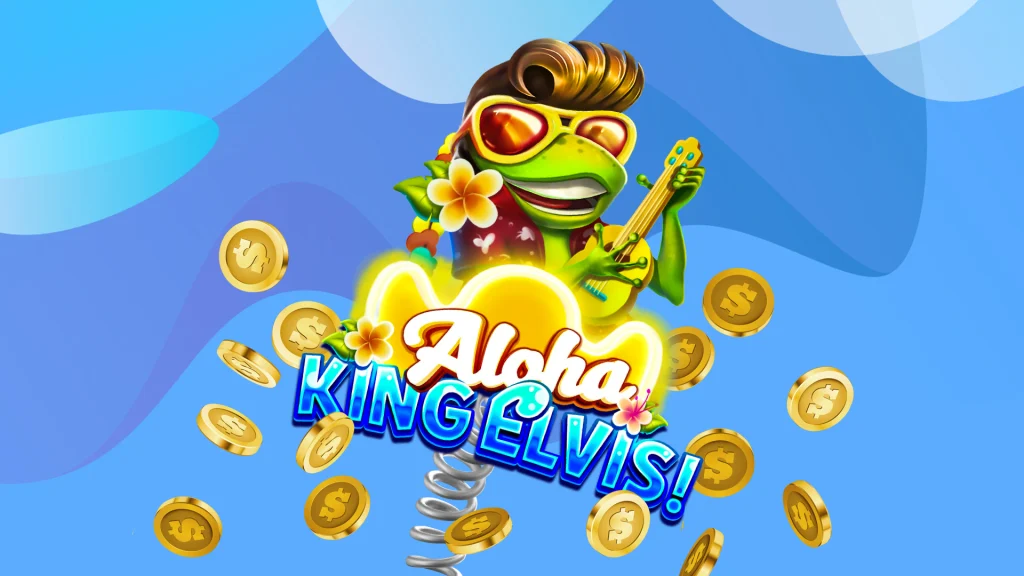 A cartoon frog in an Elvis costume from the SlotsLV slots game Aloha King Elvis, set against a blue background.