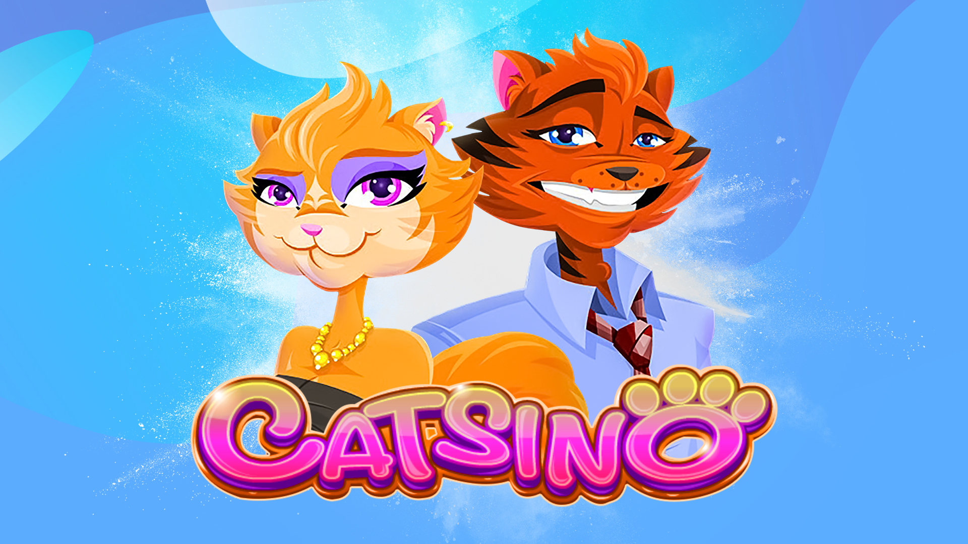 Two cartoon cats sitting behind the SlotsLV Catsino slots game logo, set against a blue background.