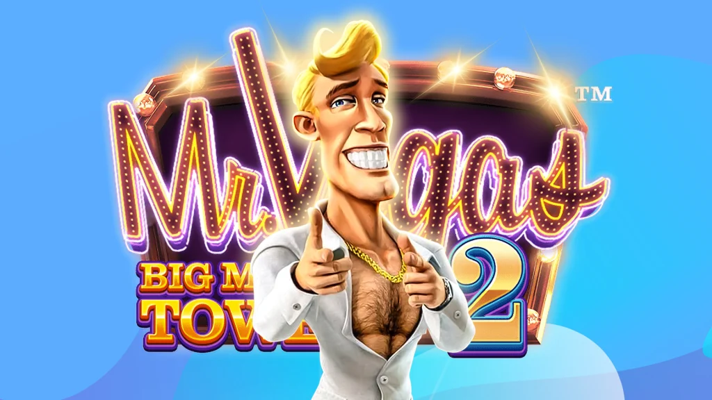 Cartoon man obscuring a Vegas-style sign that features the SlotsLV slots game logo for Mr. Vegas 2: Big Money Tower.