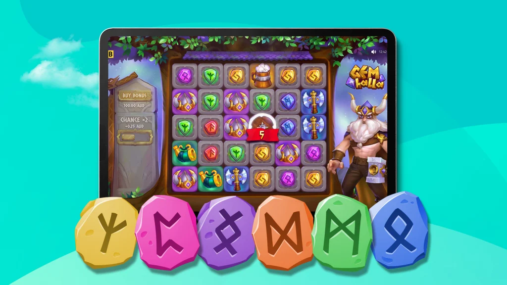 An iPad showing a game screen with game symbols from SlotsLV Gemhalla slots game, set against an aqua background. 