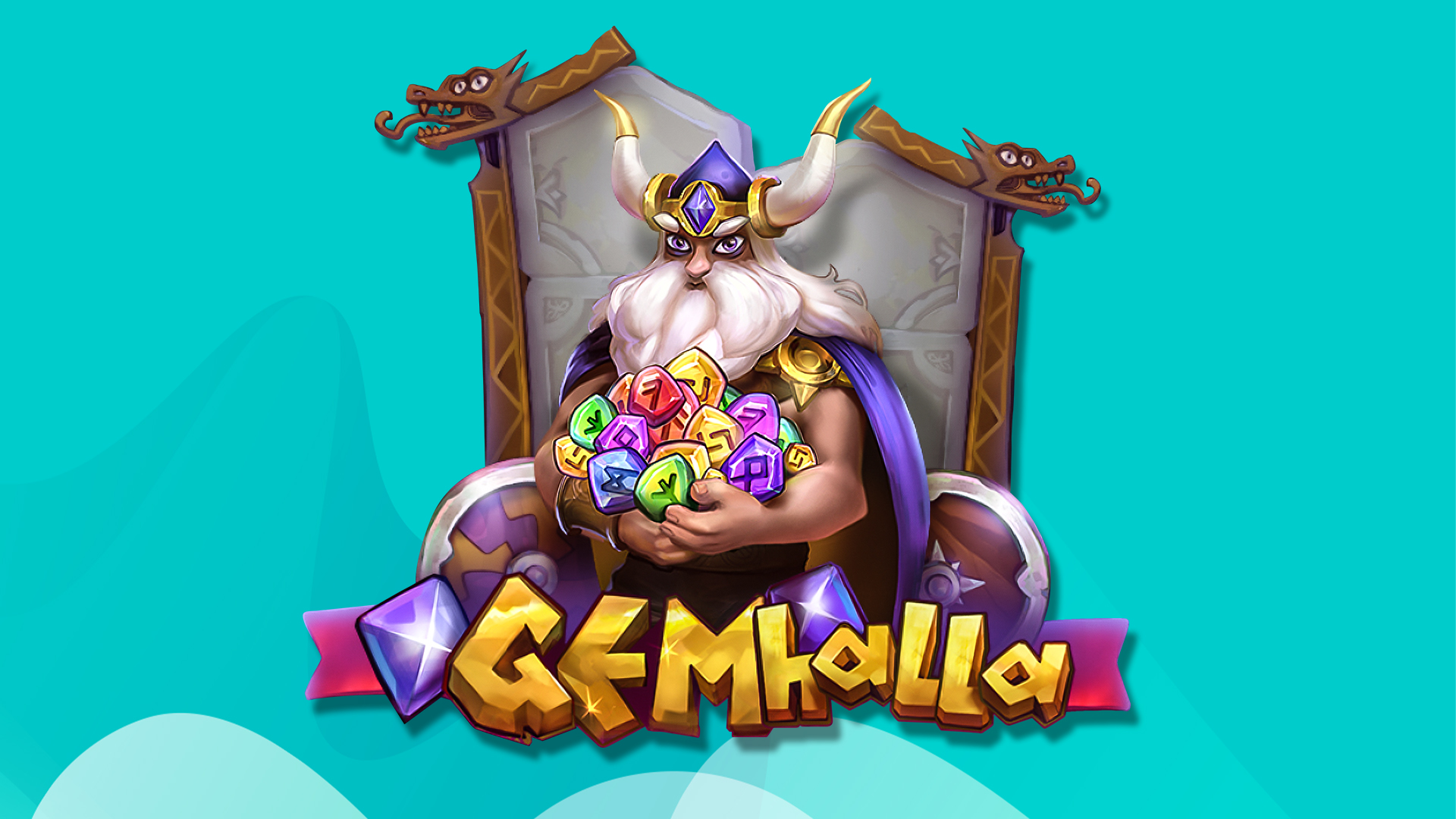 A cartoon Thor standing behind the logo for the SlotsLV slots game, Gemhalla, set against an aqua background.