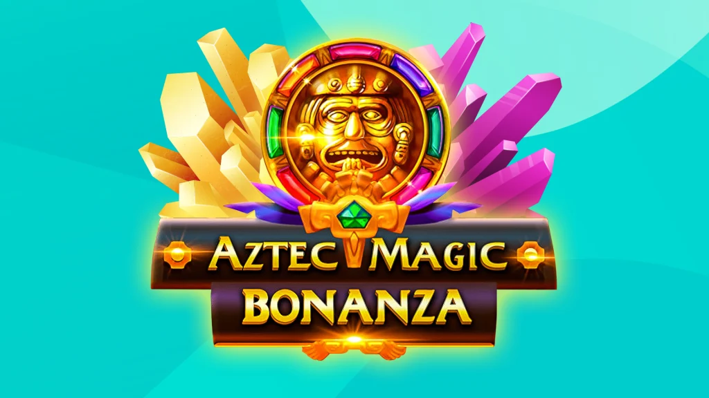 An ancient stone face atop the words ‘Aztec Magic Bonanza’ set against an aqua background.