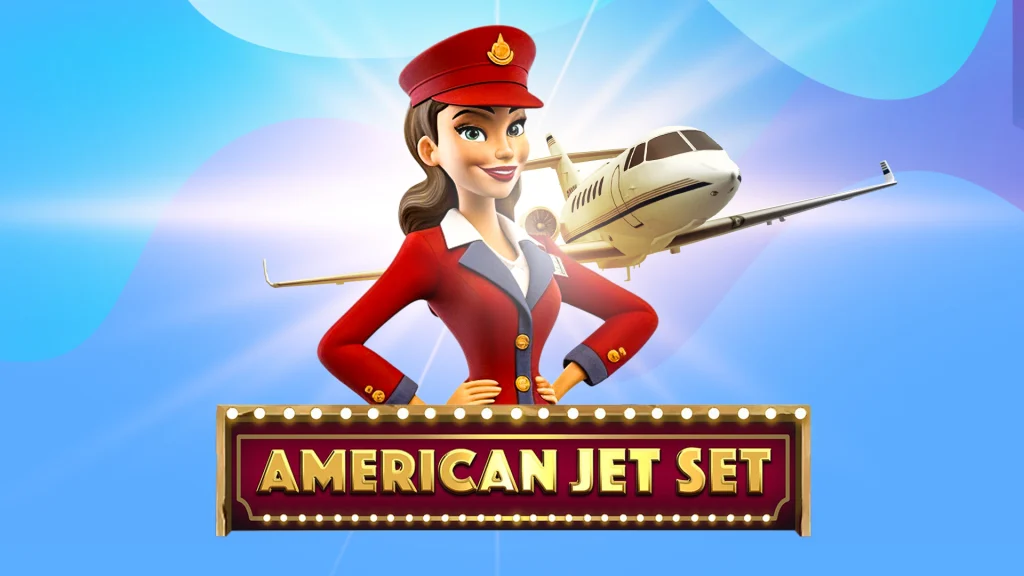 Cartoon female flight attendant and a SlotsLV slots game logo for ‘American Jet Set’ with a plane in the distance against a blue background.