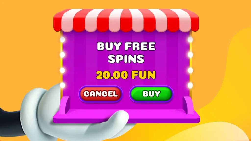 Colorful game interface for purchasing free spins, showing a hand holding a purple box with a red and white canopy, displaying 'Buy Free Spins' for 20.00 FUN with 'Cancel' and 'Buy' buttons.