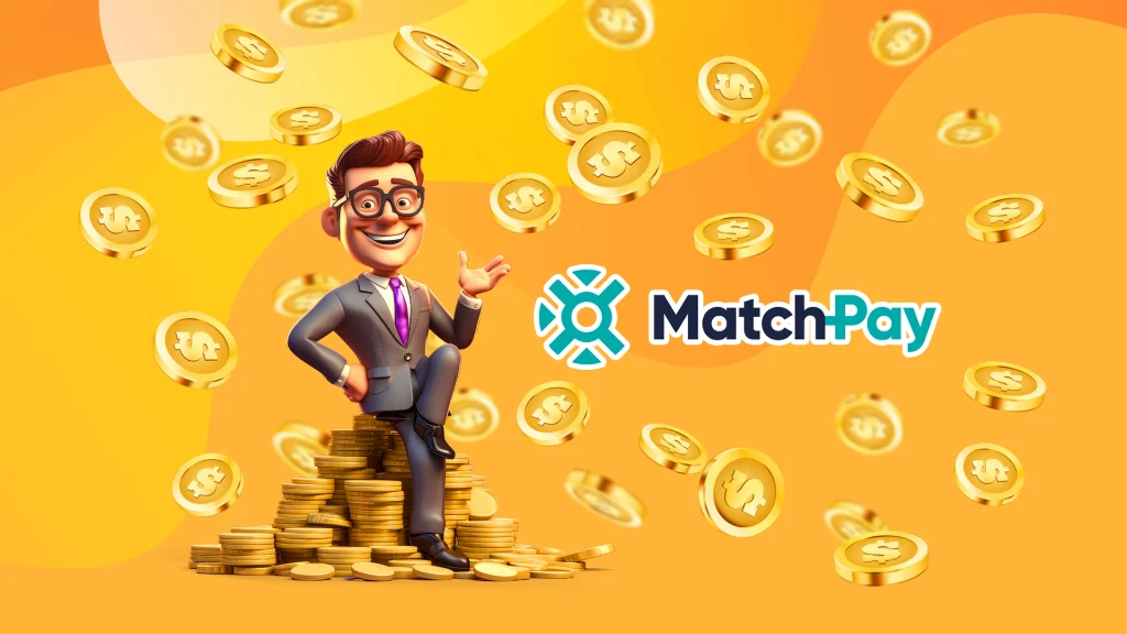 An animated man in a suit sits on a large pile of oversized coins with the MatchPay logo in front, set against a yellow background.