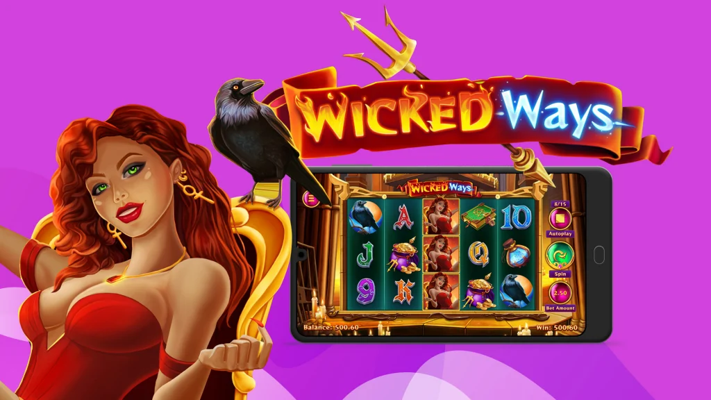 In the center of a purple background is a slot five-by-three slot grid and the game’s title ‘Wicked Ways’ (reference to SlotsLV game) shown above it. To the left is a sorceress with bright red hair and a tight red dress and a crow on the chair behind her.