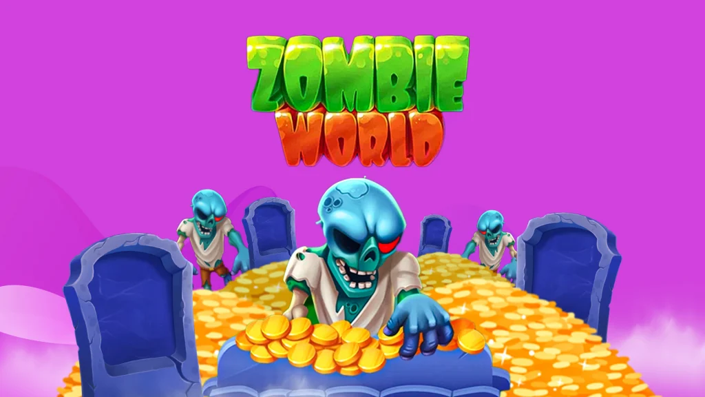 With a purple background we see three scary zombies at a gothic-looking table covered in gold coins. The zombie at the front is raking the coins in with its hand, and it’s all shown on a purple background.