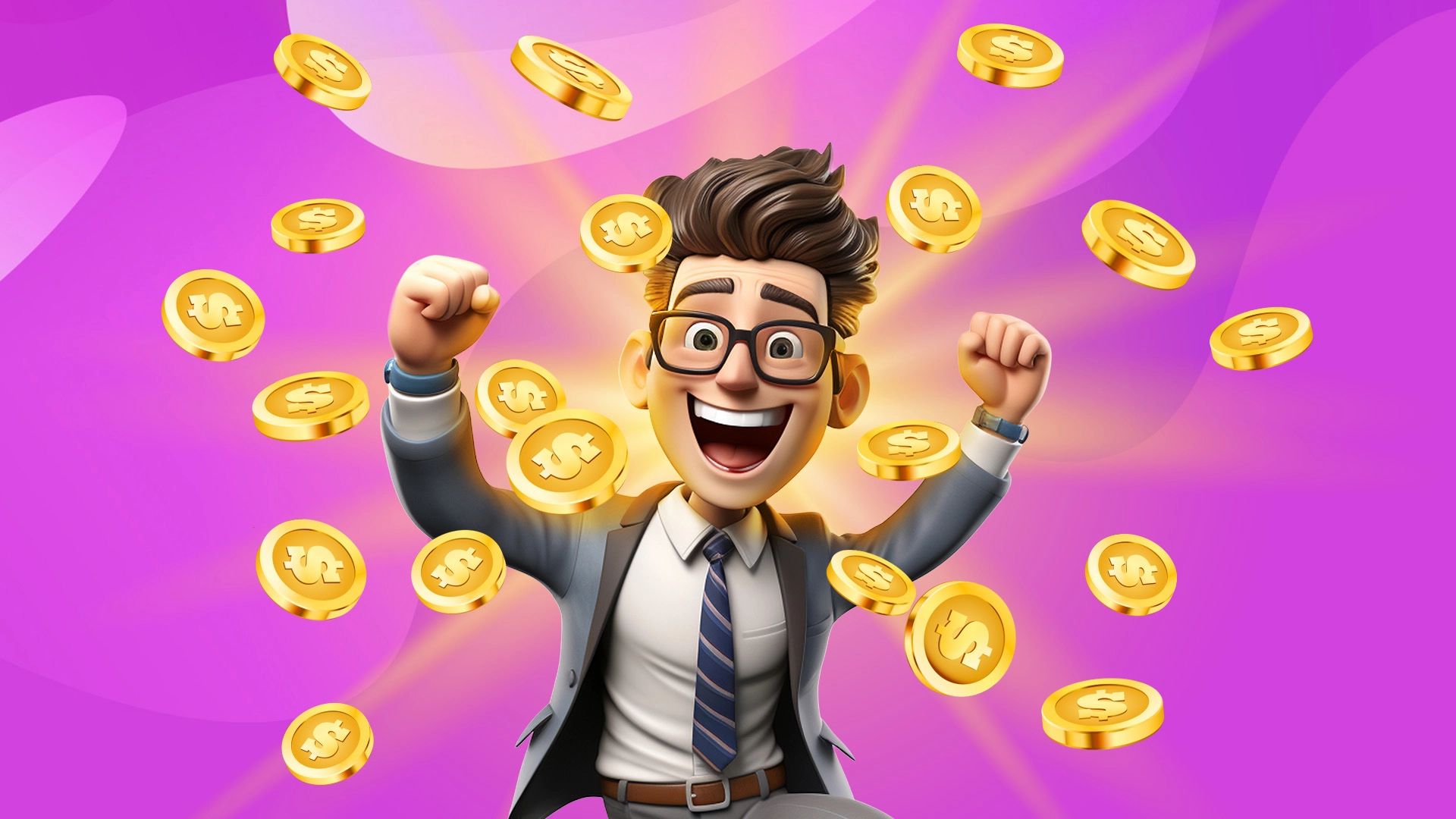 Cartoon man in a suit surrounded by gold coins, set against a purple background.