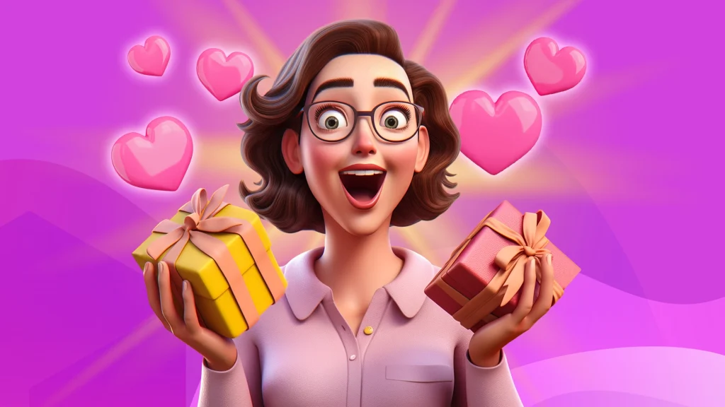 Cartoon woman holds up two gifts with two love hearts above, set on a purple background.