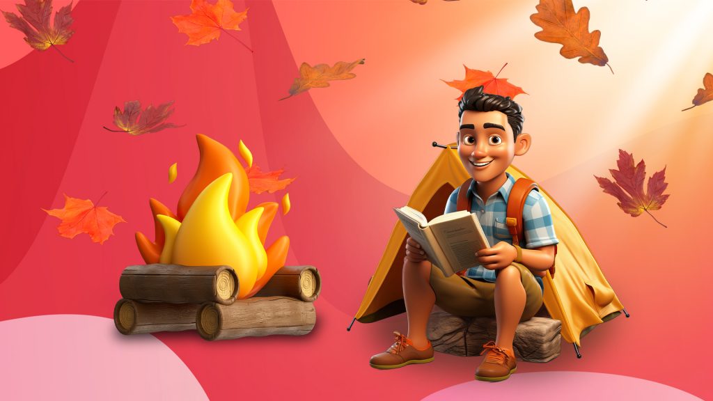 On a red background there’s a guy sitting in front of a tent reading a book. There’s a fire to the left and leaves floating around it.