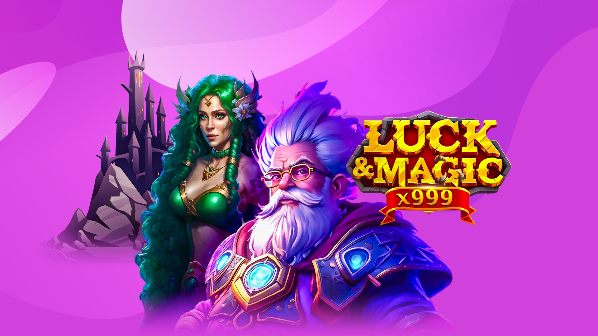 A woman and man cartoon warriors next to the text ‘luck & magic x999’ against a purple background.