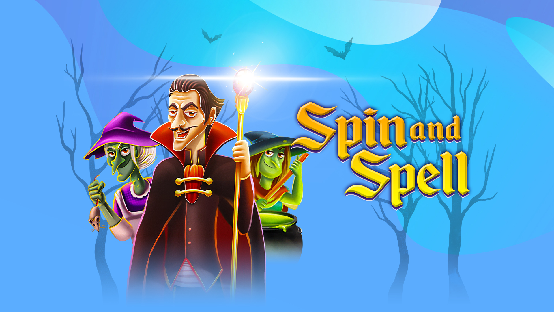 Cartoon witches and a wizard flanked by trees with the logo from the SlotsLV slots game, Spin and Spell, against a blue background.