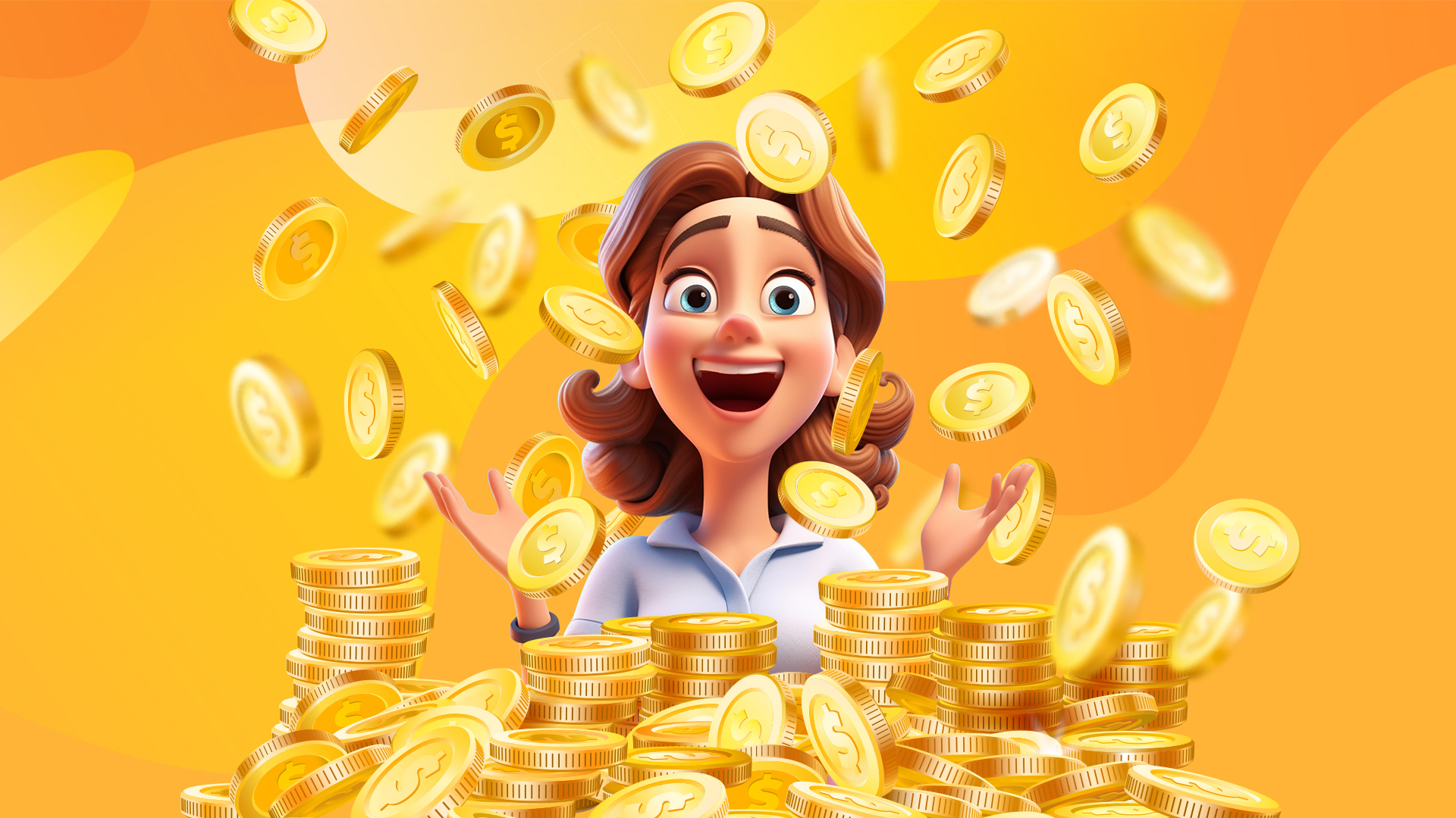 Cartoon woman emerges from a mountain of gold coins against a yellow-orange background.