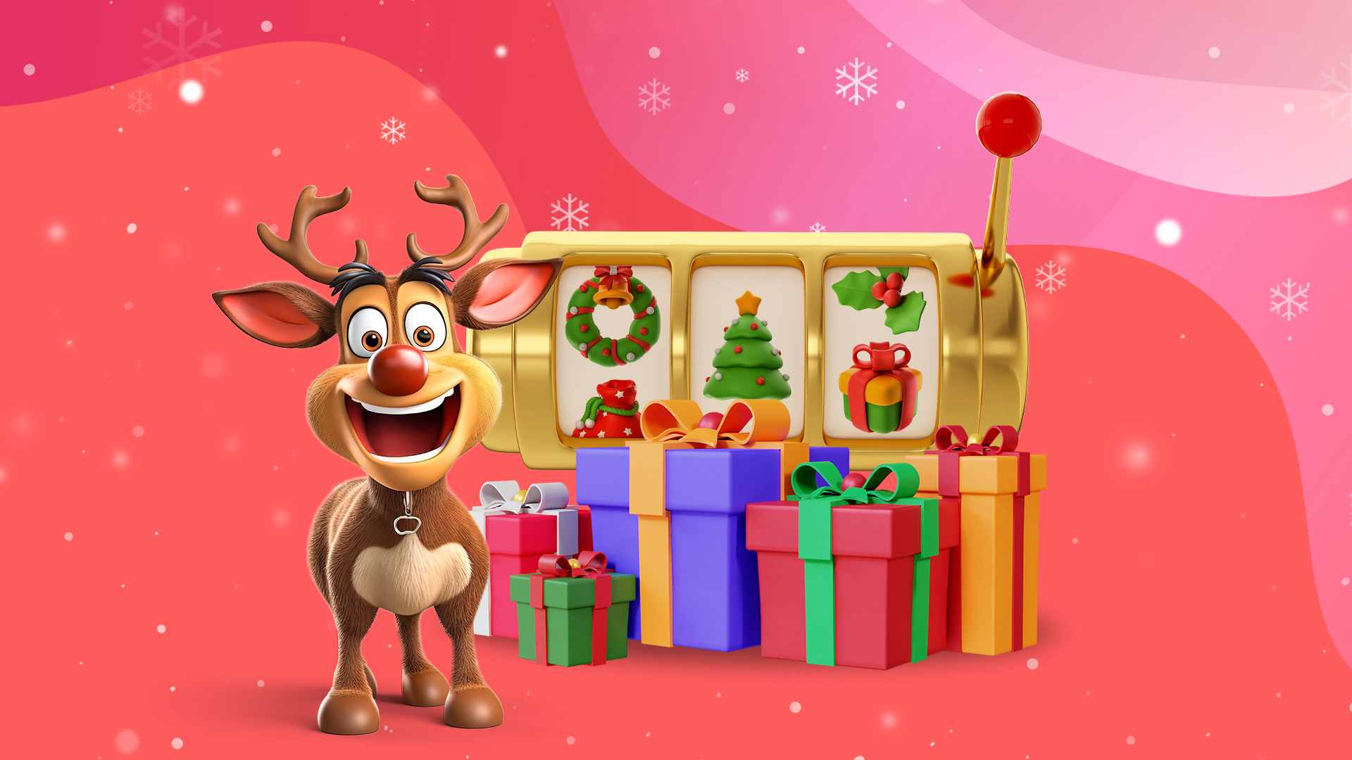 A cartoon reindeer stands beside a slot machine and gifts against a pink background.