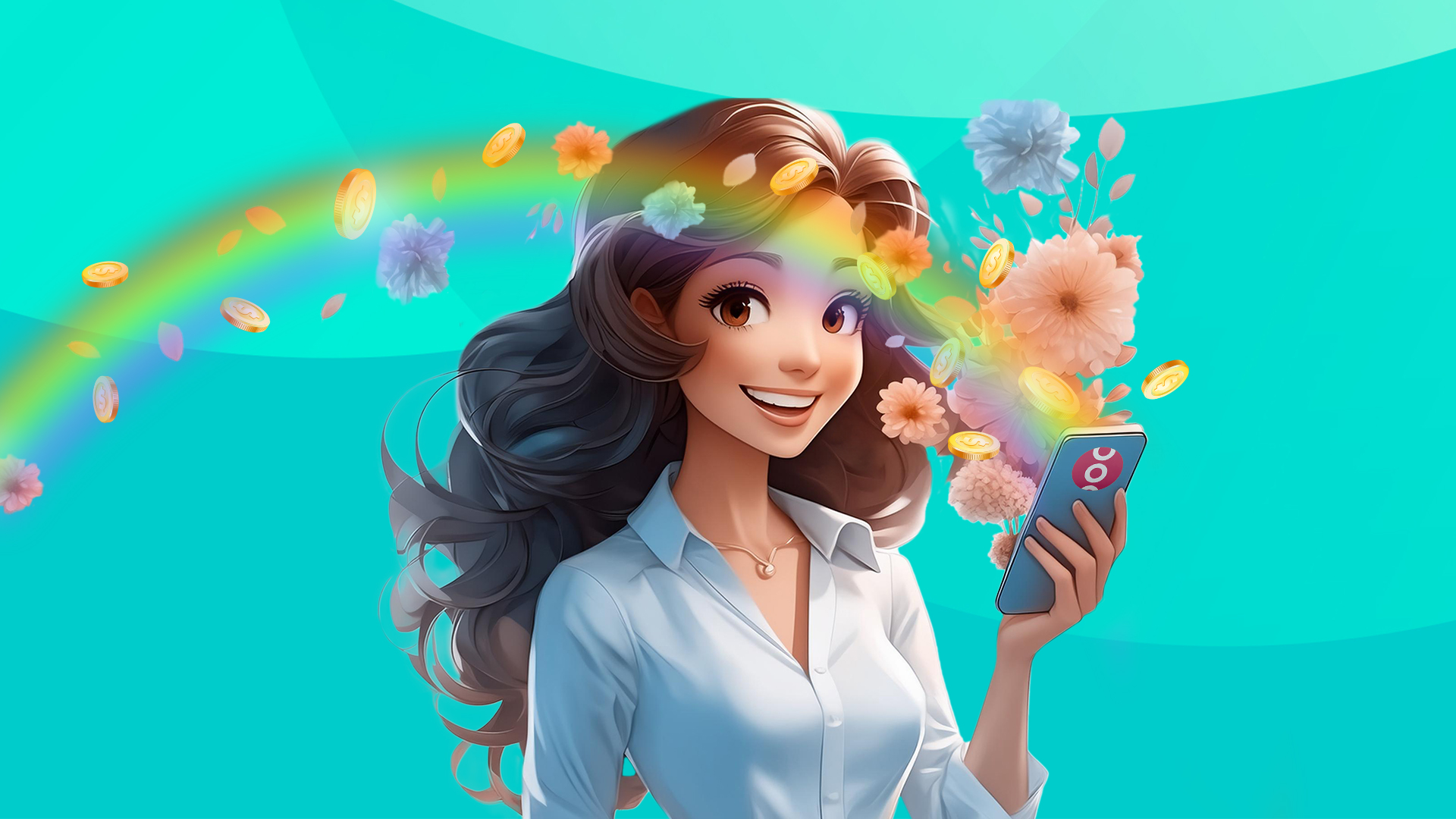 A woman with long brown hair smiles with her phone in her hand and a rainbow surrounded by spring flowers emerges from her phone screen, over a teal background.