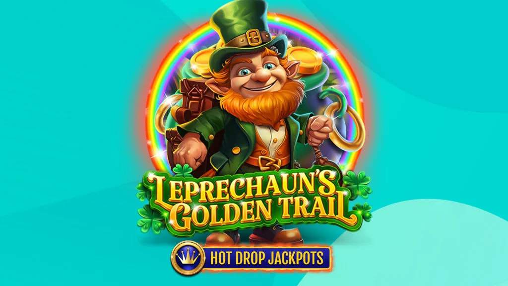 Teal background with a happy leprechaun inside a rainbow circle with text that says ‘Leprechaun’s Golden Trail Hot Drop Jackpots’.