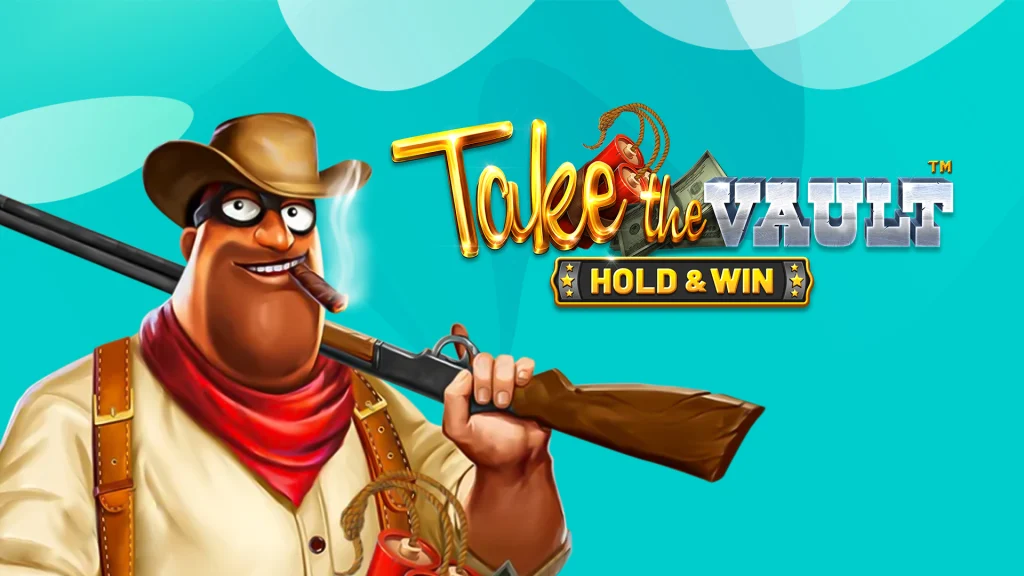 A burly Wild West man holding a shotgun while smoking a cigar over a teal background with text that says ‘Take the Vault Hold & Win’