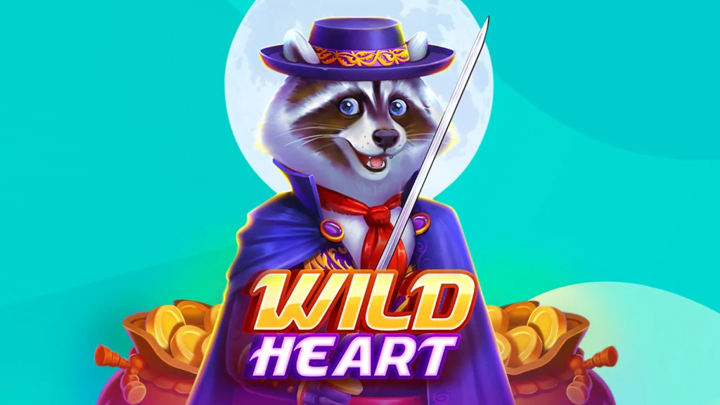 Text reads ‘Wild Heart’ over a raccoon holding a sword dressed in a purple top-hat and matching cape. Behind him is a moon and pots of gold and it’s all displayed over a teal background.