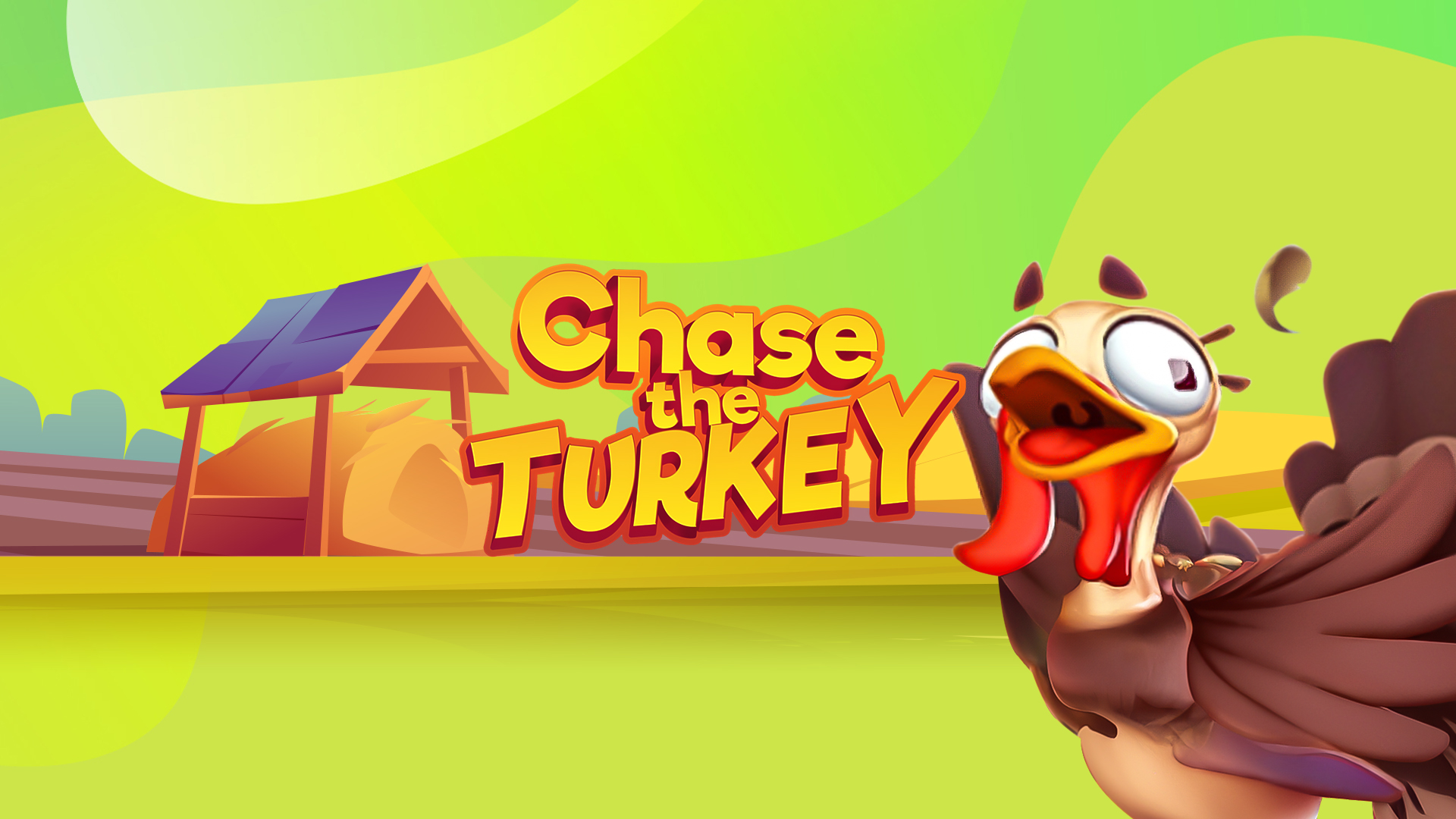 Cartoon turkey stands next to large text that reads ‘Chase the Turkey’, set against a green farming background.