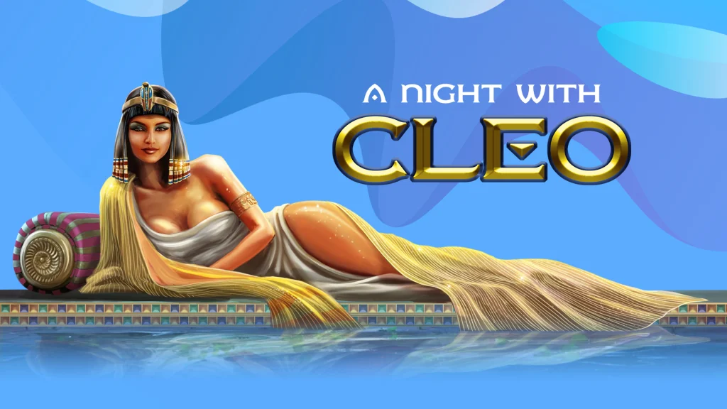 The SlotsLV slots game logo for A Night With Cleo is on the right, with a character drawing of Cleopatra on the left.