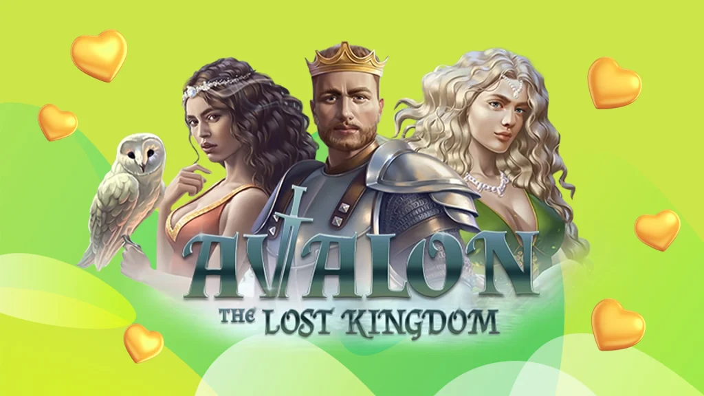 Medieval fantasy characters from the SlotsLV online slot, Avalon: The Lost Kingdom, are centered, surrounded by golden love hearts on a vibrant green background. 