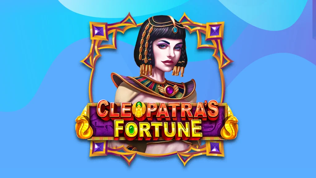 The SlotsLV slots game logo for Cleopatra's Fortune, with a brunette Cleopatra in the center from the shoulders up.