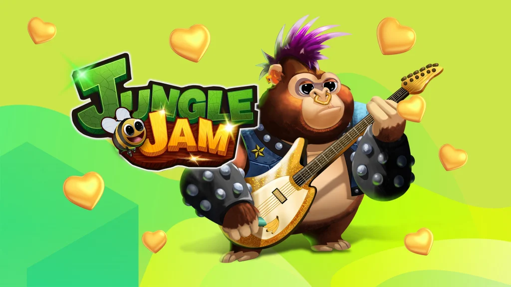 A monkey, from the SlotsLV online slot, Jungle Jam, styled in punk rock clothing is centered, surrounded by golden love hearts, on a vibrant green background. 