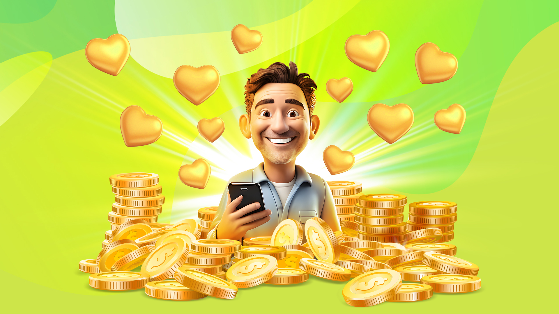 Animated male character holding a mobile phone and smiling is surrounded by golden love hearts and coins.