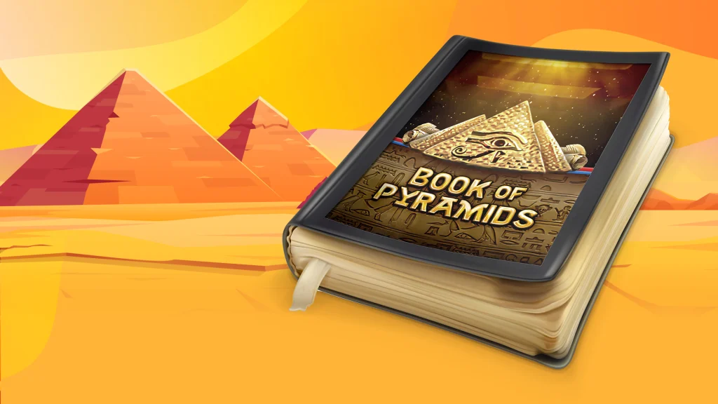 An ancient looking book with ‘Book of Pyramids’ printed on the front; a desert scene with pyramids in the background.